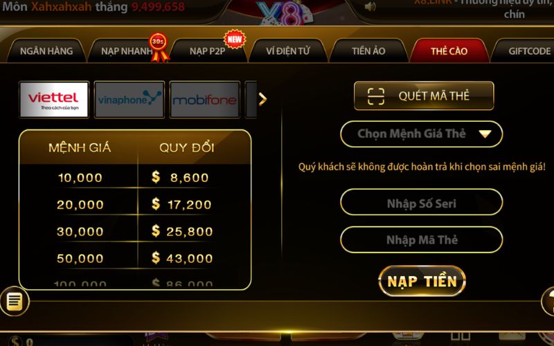 nhiều phương thức nạp tiền tiện lợi cho người chơi